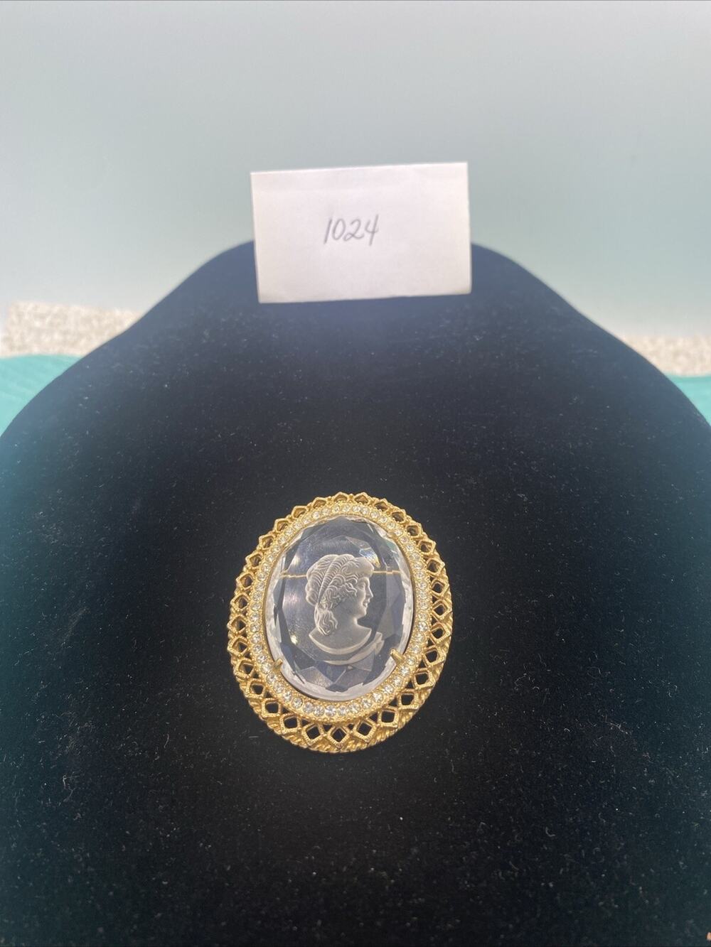 Vintage Cut Glass Cameo Brooch, Gold Tone & Clear Rhinestones Trim, Ornate